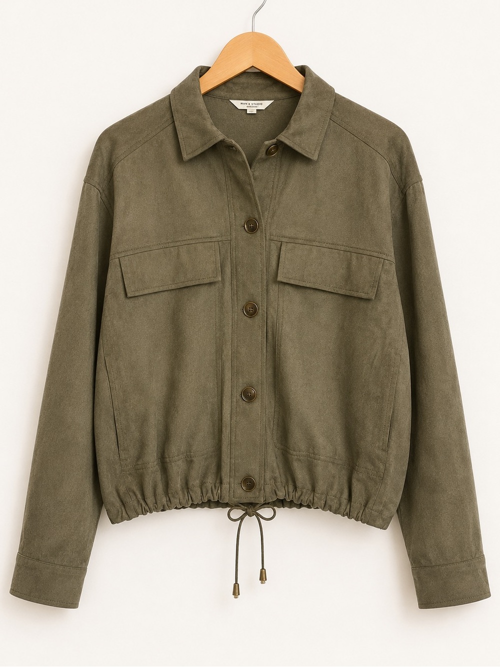Max Studio Women’s Faux Suede Cropped Utility Jacket Olive Green Size Medium